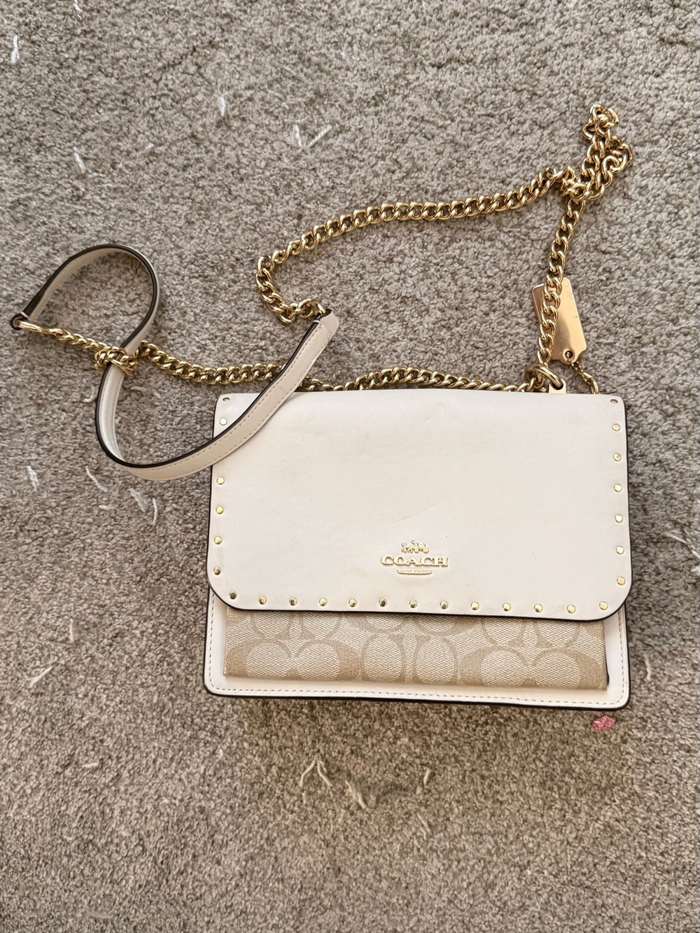 Coach Beige Pebble Leather & Signature Canvas Crossbody with Gold Chain